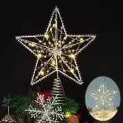 Sliver Christmas Tree Topper Star Decorations Xmas Tree Ornaments with Exquisite Beads 10 Warm LED Lights(Five-Point Hollow Star)