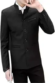 [Pearl's] Men's Chinese Tunic Suits Mandarin Collar Formal Jacket Slim Fit Front Button Blazer Traditional Uniform Groom Dress