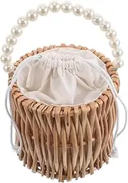 VALICLUD Wicker Flower Girl Basket: Rattan Basket with Artificial Pearl Handle for Weddings Beach Party Outings and Home Storage Use