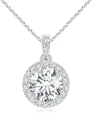 [Angara] Lab-Grown Round Diamond Dangle Pendant Necklace with Halo in Sterling Silver/14ct Solid Gold for Women | April Birthstone Jewellery for Her