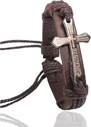 [Fusamk] Fashion Religion Alloy Spain Scripture Cross Tag Leather Rope Bracelet Bangle