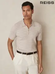 Reiss Oatmeal Melange Fallow Half-Zip Stripe Polo Shirt (AY4937) | $225
