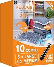 Vacuum Storage Bags (5 x Large, 5 x Medium), Space Saver Sealer Compression Bags with Travel Hand Pump for Blankets, Comforters, Pillows, Clothes Storage