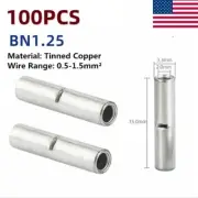 100Pcs 22-16AWG Bare Copper Ferrule Butt Wire Connectors Crimp Splice Terminals
