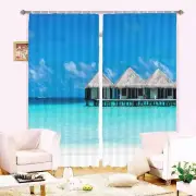 Thatched Cottage By Sea 3D Blockout Photo Print Curtain Fabric Curtains Window