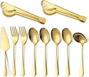 U-HOOME Stainless Steel Catering Serving Utensils, 10 Pcs with Large Cooking Utensil Serving Spoon,Slotted Spoons,Serving Forks,Soup Ladle,Serving Tongs, for Parties,Kitchen,Buffet (Gold)