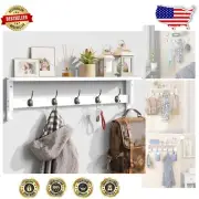 Versatile Wall Mount Coat Rack with 5 Hooks & Chic Storage Shelf in White