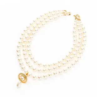 【Vivienne Westwood】三排施華洛世奇串珠+珍珠立體土星墜飾項鍊(金色)