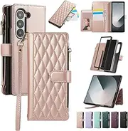 [ELEPIK] for Samsung Galaxy Z Fold 6 Case, Adjustable Crossbody Wallet Case with Card Holder, Kickstand, Wristlet for Women Men, Durable PU Leather Magnetic Phone Case for Galaxy Z Fold 6, Pink