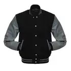 New Real Black Wool Varsity Letterman College Bomber Grey Leather Sleeves