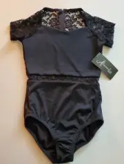 Alexandra Collection Sweetheart Lace Sleeve & Back Leotard Sz YL BLACK Youth