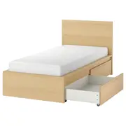 MALM bed frame, high, w 2 storage boxes, white stained oak veneer/Lönset, Single