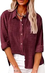 [SHEKINI] Women Casual Blouse -Neck Long Sleeve Shirt Button Dowm Cotton Linen Tshirt Tops Dressy Blouses Office Work Blouse Plus Size, Burgundy, XXL