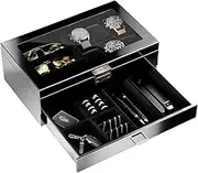ProCase 6 Slots Lacquered Finish Wooden Men's Jewelry Box, Watch and Sunglasses Box Organizer for Men, 2-Tier Watch Holder Display Cases with Clear Glass Top and Storage Drawer -Black