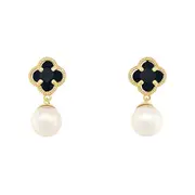 Black Clover and Pearl Stud Earrings in 9kt Yellow Gold Silver Infused
