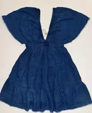 Aerie American eagle pool to party flutter sleeve dress coverup deep v neck blue