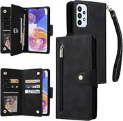 [YocoverTech] for Samsung A23 Case,for Galaxy A23 Wallet Case[6 Card Slots and 1 Zipper Coin Pocket] PU Leather Stand Flip Cover with Wrist Strap[6.6 inch]-Black