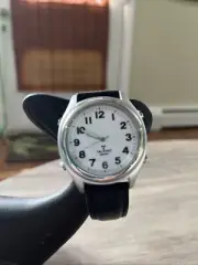 Talking Atomic Watch Leather Black Strap Silver Chrome head Loud And Clear Watch