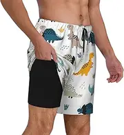 [AFHYZY] Mens Swim Trunks Short with Compression Liner 7 Inch Funny Bathing Suits, Dinosaur, Medium, Dinosaur, Medium