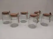 New Set Of 6 Glass Storage Jars With Cork Lids & Wood Spoon Dippers 8 oz