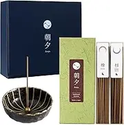 Asayu Japan Traditional Incense Gift Set with Incense Holder and Brass Stand, Forest Set (Hinoki + Cedar Wood) with Green Lotus Incense Holder 40g