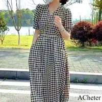 在飛比找momo購物網優惠-【ACheter】黑白格子棉麻感連身裙短袖長V領長版洋裝#1