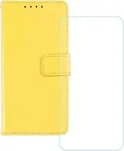 LCEHTOGYE Cover for Samsung Galaxy A25 5G + HD Tempered Glass,Shell PU BracketBumper Protective Back Case - Anti-Scratch Screen Protector for Samsung Galaxy A25 5G-YSFM - Yellow