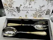 NEW in Box MacKenzie Childs Check 2 -piece Salad Serving Set-Gold Plated