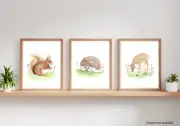 Whimsical Woodland Animal Print Set - Squirrel, Hedgehog, Deer
