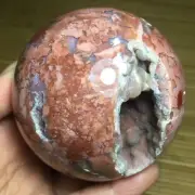548g Natural red cherry blossom agate Geode Sphere Crystal Ball Healing 62