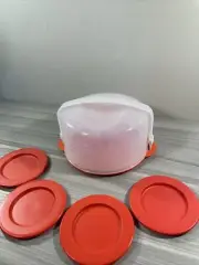 Tupperware Miniature Toy Cake Taker And Plates Set Red New!