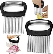 Furneet 2Pcs Crinkle Cutter and Onion Slicer Set, Wavy French Fry and Vegetable Chopper with Protective Cover, Multiuse for Potatoes, Tomatoes, Carrots, Includes Meat Tenderizer Function