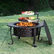 36 Inch Fire Pit with 2 Grill, Outdoor Wood Burning Firepit with Lid Metal Round