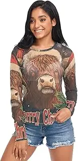 [RPLIFE] Highland Cow with Santa Hat Mesh Shirts for Women, See Through Blouse S-XXL