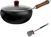Japanese Hand-Forged Iron Pan - 28cm High-Sided Non-Stick Double Iron Pan with Elegant Wooden Lid - Perfect for Induction Cookers & Gas Stoves, Suitable for Kitchen(Glass Cover,28cm)