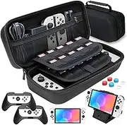 Case for Nintendo Switch, HEYSTOP 11 in 1 Nintendo Switch Carry Case Come with 2 Joy-con Grips for Nintendo Switch, Adjustable PlayStand, Tempered Glass Screen Protector with 6 Thumb Grip Caps (Black)