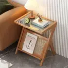 Rattan Side Table Boho Nightstand with Glass Top & Magazine Rack, Z-Shaped En...