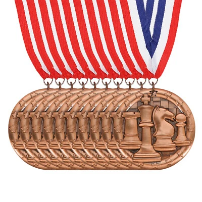 10 Pcs Chess Star Print Bronze Award Medals with Neck Ribbons, Red