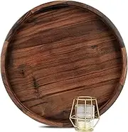MAGIGO 16 Inches Large Round Black Walnut Wood Ottoman Tray with Handles, Serve Tea, Coffee or Breakfast in Bed, Classic Circular Wooden Decorative Serving Tray