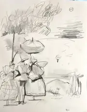Surrealist Figures In Landscape Krakatoa Pencil Drawing On Paper 11x14 BVC 2025