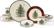 Spode Christmas Tree 16-Piece Tartan Dinnerware Set (Service for 4) - Festive Holiday Tableware Collection with Plates, Bowls, Mugs - Porcelain Christmas Dinnerware - Microwave & Dishwasher Safe