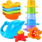 Bath or Beach Toys Baby Toddlers 12 pcs Rainbow Stacking Cups Boats Watering Can