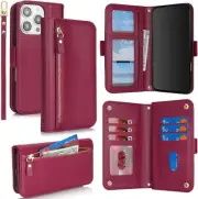 for iPhone 16 Pro Case Leather Wallet with Card Holders Money Slots Wrist Strap