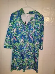 New Top It Off Green Blue Tropical Leaf 3/4 Bell Sleeve Pullover Dress Small