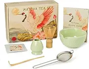 KU GOODS Matcha Whisk Set, Ceramic Bowl with Spout, Bamboo Whisk, Ceremonial Matcha Powder, Recipe Guide, Sifter, Holder, Scoop, Matcha Kit for Tea Lovers, Gift Box (Green)