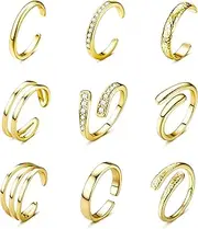 [FIOROYAL] 9PCS Toe Rings for Women 14K Gold Filled Simple Hug CZ Triple Open Band Rings Trendy Silver Gold Adjustable Toe Rings Summer Beach Foot Jewelry