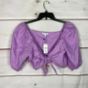 Express X Rocky Barnes Top Womens L Purple Crop Blouse Tie Front Puff Sleeve