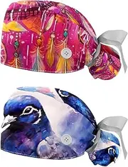 [YTYVAGT] 2-Pc,Nurse Scrub Caps,Scrub Hats with Buttons and Cotton Sweatband,Watercolor Pink Dreamcatcher