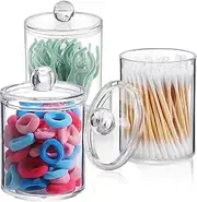 Ling-Luo 3 Pack Qtip Holder,Apothecary Jars Cotton Ball Holder Dispenser,Bathroom Jars with Lids Set for Cotton Round,Cotton Swab,10oz Clear Plastic Canisters Restroom Bedroom Vanity Organizer