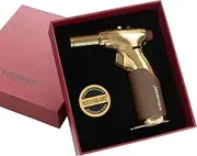 Dual Flame Butane Torch Gun - Refillable Luxury Hand Held Mini Blow Torch for Cooking, Creme Brulee, Soldering, Welding, & Resin Art - Adjustable Flame with Ignition Lock - Gold Brown
